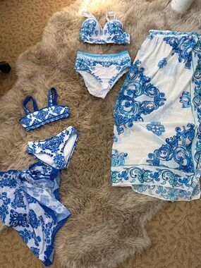 Mom and Girls Blue & White Floral Two-Piece Swim Set with Cover-Up